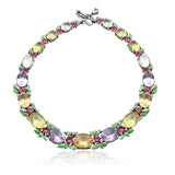 Custom Made Oval Gemstone & Enamel Leaves Garden Trellis Necklace