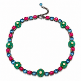Green Chalcedony, london Blue Topaz, Ruby Flower Garden Necklace