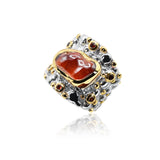 Gothic Garnet Textured Two-Tone Sterling Silver Ring