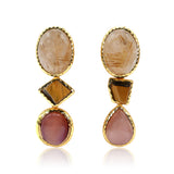 Rutilated Quartz, Tiger Eye & Moonstone Three-Stone Dangle Earrings