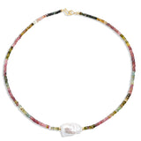 Multi Color Tourmaline and Baroque Pearl Beads Necklace