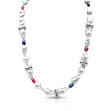 White Baroque Pearl & Blue and Pink Sapphire Bead Sterling Silver Necklace