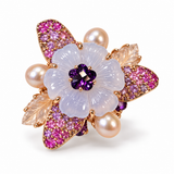 Hand Carved Pink Sapphire & Amethyst Floral Cocktail Ring