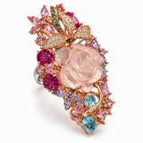 Carved Rose Quartz Floral Cocktail Ring with Multicolor Gemstones