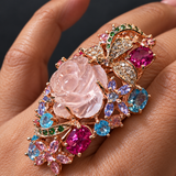 Carved Rose Quartz Floral Cocktail Ring with Multicolor Gemstones