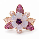 Hand Carved Pink Sapphire & Amethyst Floral Cocktail Ring