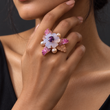 Hand Carved Pink Sapphire & Amethyst Floral Cocktail Ring