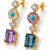 Amethyst, Blue Topaz & Turquoise Floral Drop Earrings