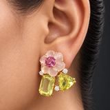 Hand-Carved Rose Quartz & Lemon Quartz Floral Earrings