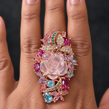Carved Rose Quartz Floral Cocktail Ring with Multicolor Gemstones