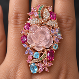 Carved Rose Quartz Floral Cocktail Ring with Multicolor Gemstones
