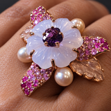 Hand Carved Pink Sapphire & Amethyst Floral Cocktail Ring