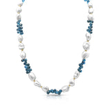 White Pearl & Blue London Topaz Color Block Necklace w/ 14k Yellow Gold Beads & Clasp