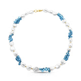 White Pearl & Blue London Topaz Color Block Necklace w/ 14k Yellow Gold Beads & Clasp